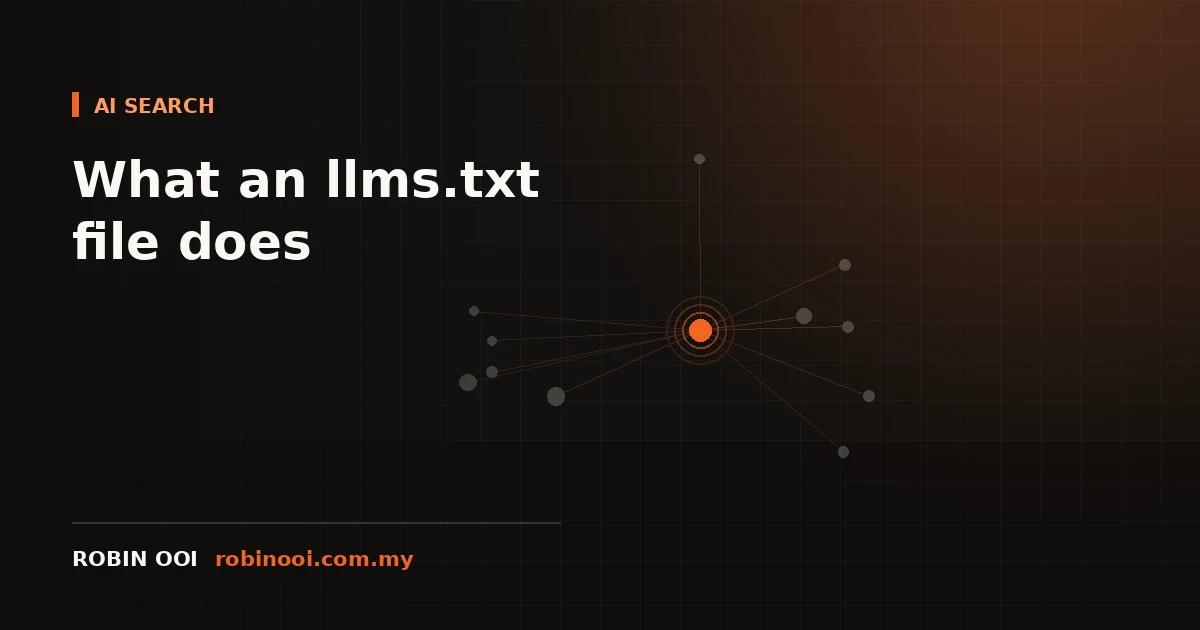 Illustration of a plain-text llms.txt file acting as a structured summary of a website for AI systems